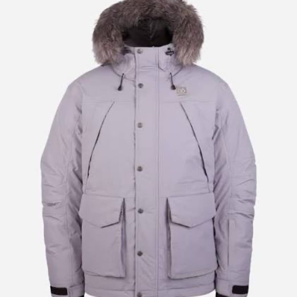 Grár parka jakki með loðkraga