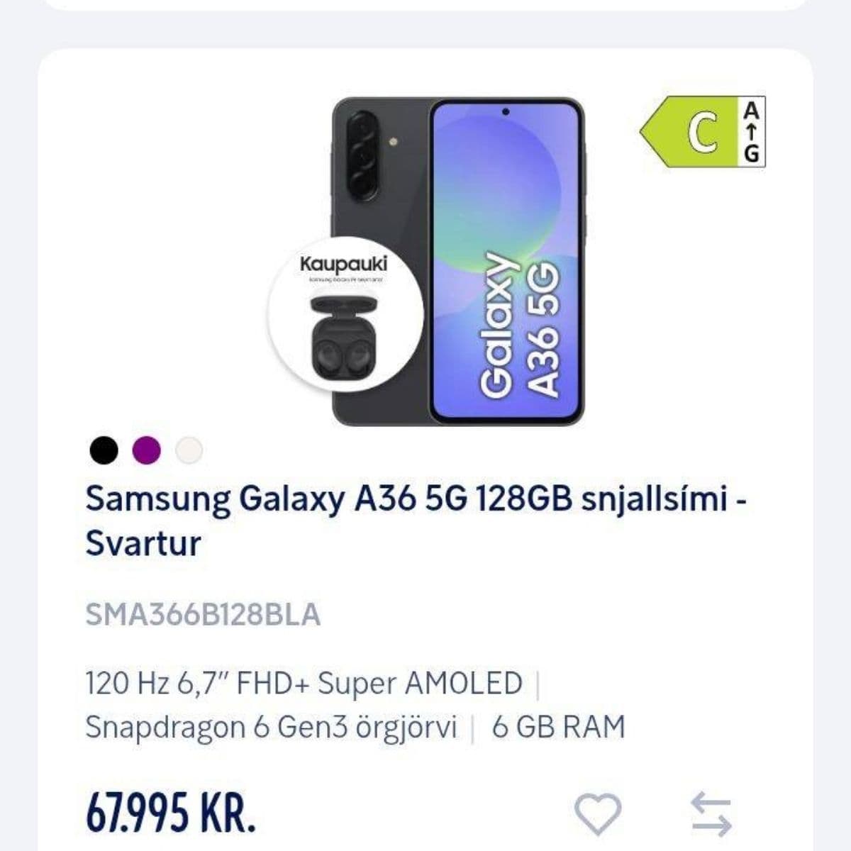 Samsung Galaxy A36 5G, 128GB, svartur